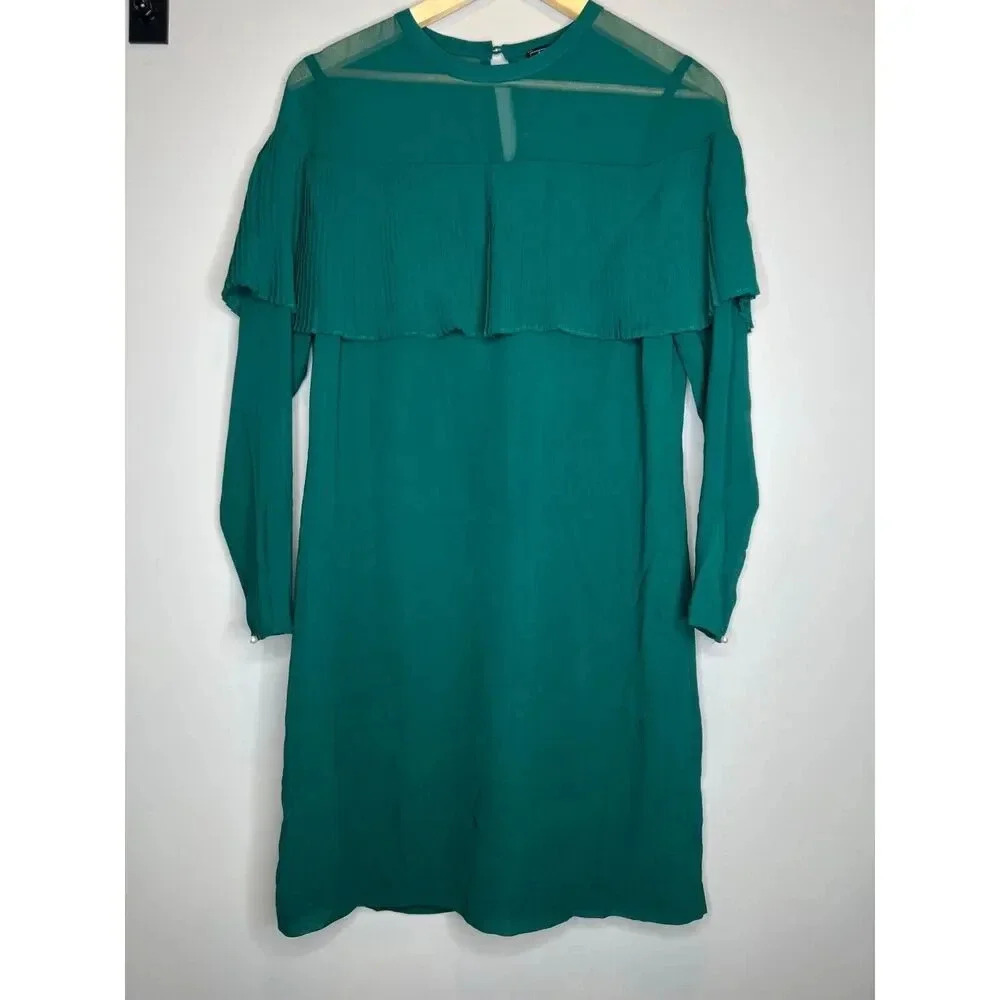 Sam Edelman long sleeve green chiffon ruffle dress pleated career size 4